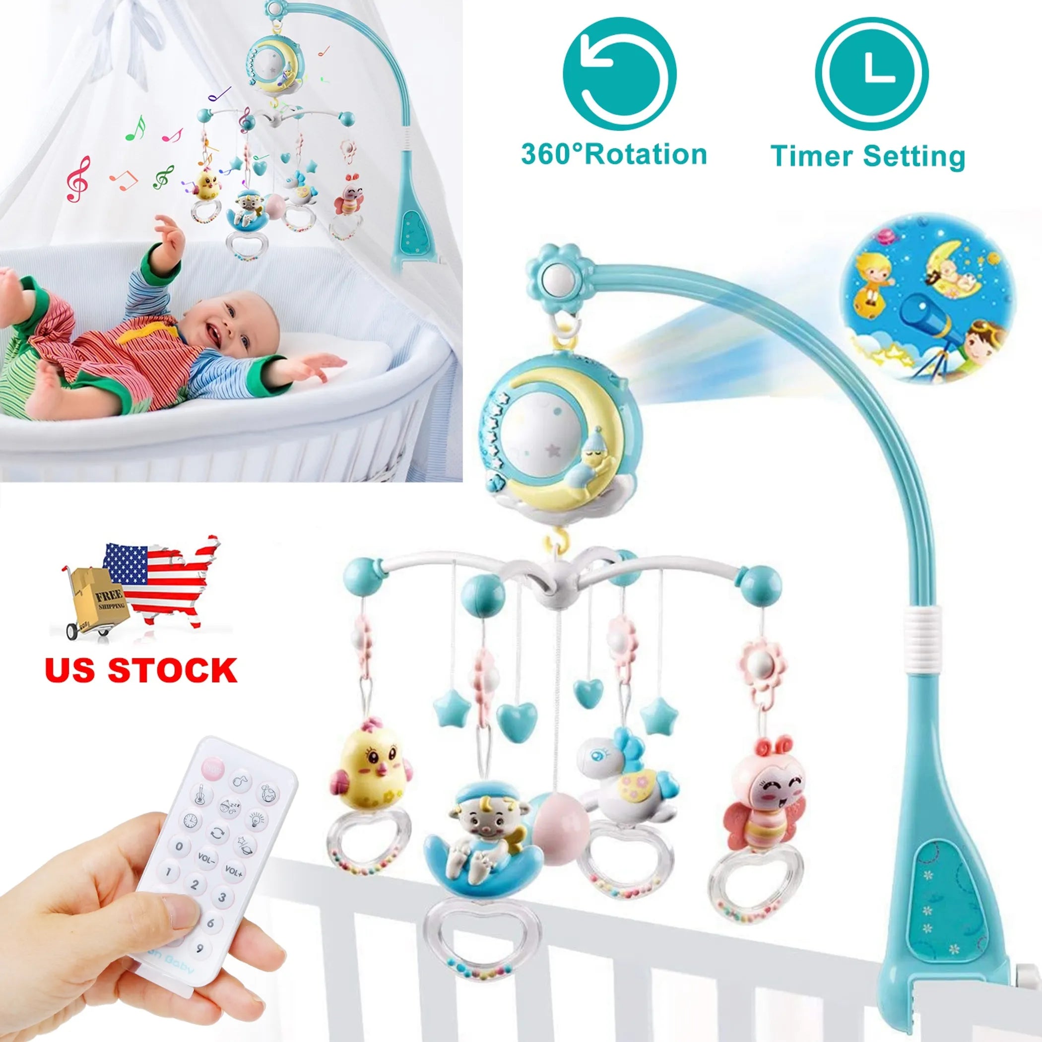 Baby Musical Crib Bed Bell Rotating Mobile Star