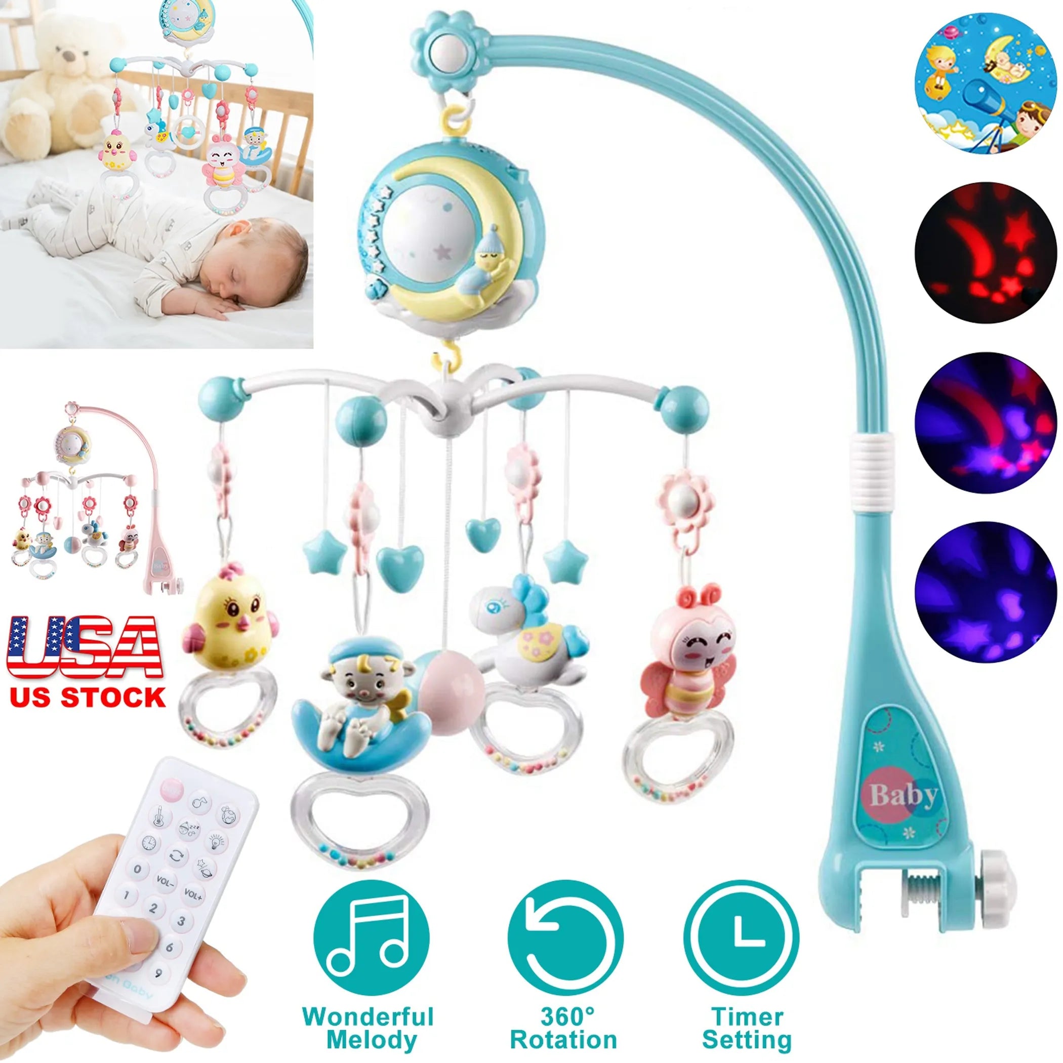 Baby Musical Crib Bed Bell Rotating Mobile Star