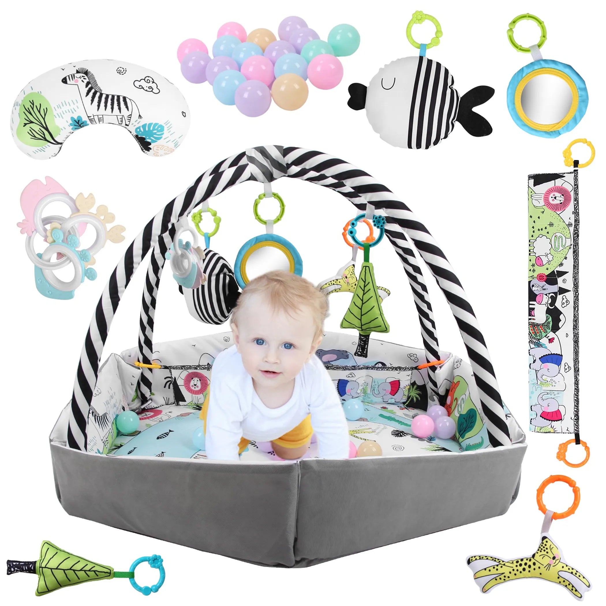 4 In 1 Baby Gym Play Mat Ball Pit Baby Lounger Safety Fence Tummy Time Mat